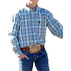 Cinch Youth Boy's LG Long Sleeve Plaid Button Up Western Shirt Blue/Gray